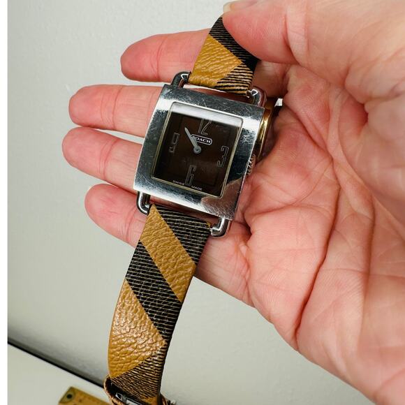 Coach Silver Square Bronze Face Watch Tan Plaid Watchband - Picture 5 of 14